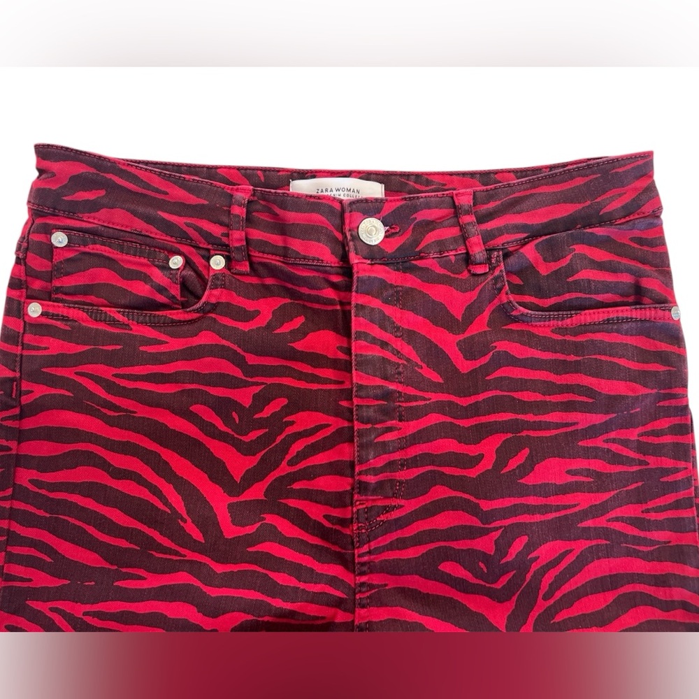 Zara Women’s Red and Black Zebra Print Skinny Ankle Length Jeans SZ 12 - Picture 3 of 7